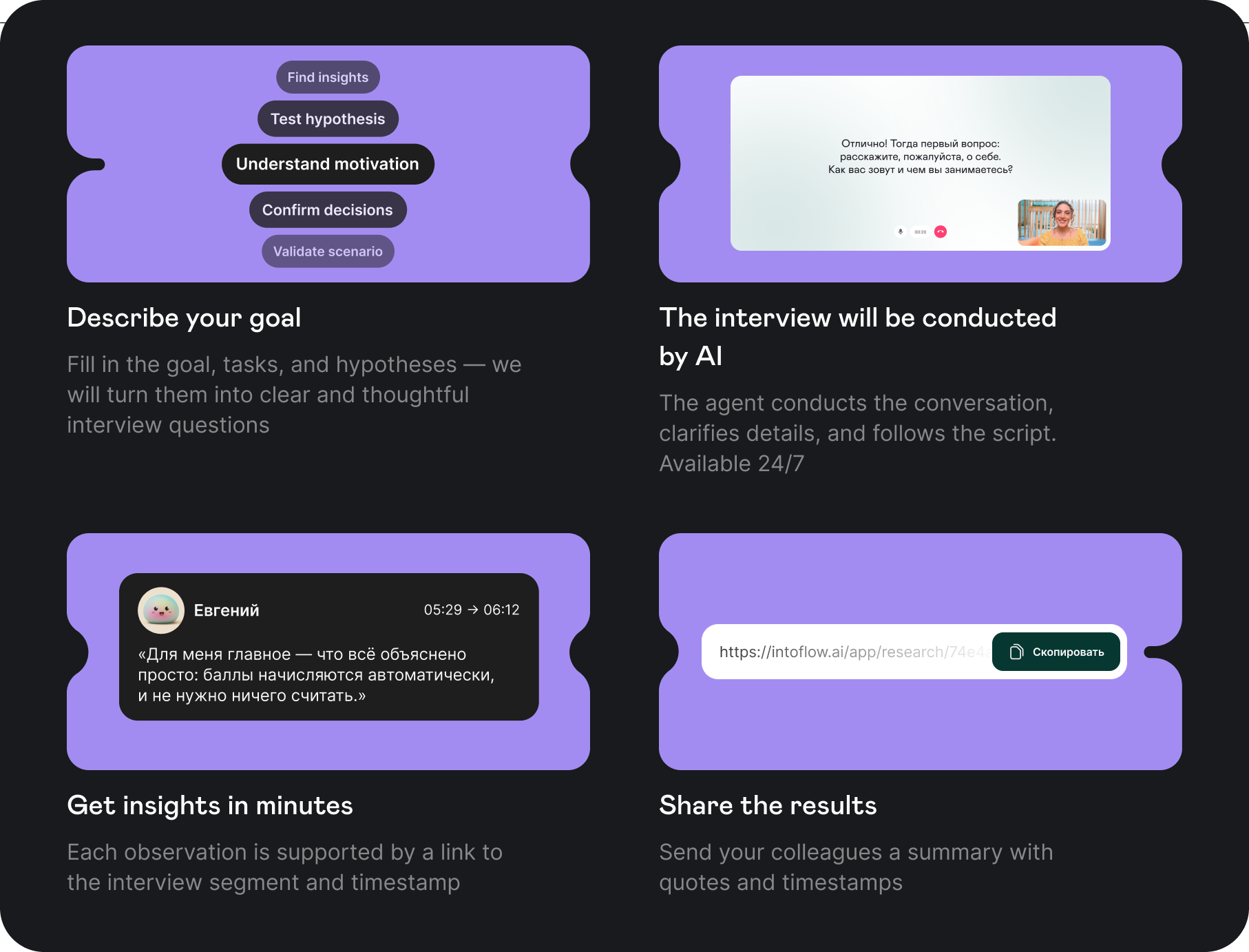Intoflow in four beats: describe the goal, let AI run the interview, get insights, share